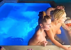 Girlfriends giggling in hot tub threesome fingering and fucking with pure joy
