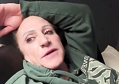 Kandy, the built femdom dominatrix, slips into her hotel daybed freshly showered with a clean face, wearing her beloved hoodie. As this babe tries to 