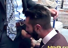 Classy studs go to the warehouse for hardcore analhammering