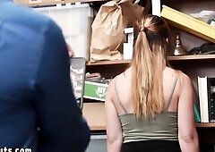 Tiny titted teen shoplifter Kat Monroe in glasses got caught and disrobe searched by a obscene LP officer who ordered her to suck his large jock then 