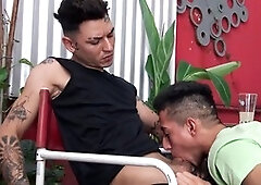 Axel convinces shy Ro to come and give a deep throat while getting ready for some intense ass play