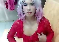 Transgender Oanh Le wears sexy clothes porn selfie with a homemade cuff