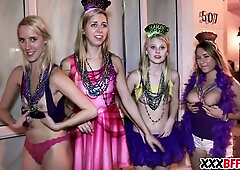 Costumed friends give in to desire during Mardi Gras狂欢 and share a hardcore fuck on a hidden balcony with beads flying
