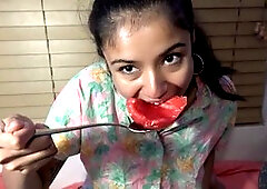 Filipina beauty Viva Athena devours watermelon with a huge spoon in a tasty mukbang