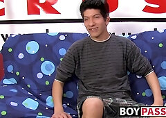 Interviewed young twink jerks off his big dick and cums