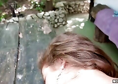 Pretty girl in a red dress is gently sucking a random rock hard dick before getting fucked