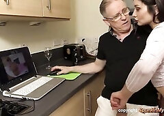 Seductive brunette hair in fishnet nylons is about to have sex in the kitchen, until that babe cums