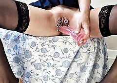 See as this nasty hottie teases her pierced vagina throughout sheer fishnet pants, lazily stripping 'em aside for an intensive solo masturbation 