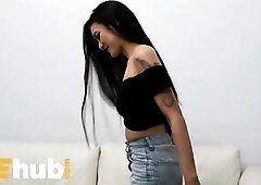 Fake Agent Oriental Honey Rae Lil Ebony Drilled on the Casting Bed