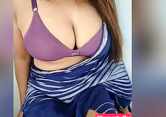 Shruti Bhabhi In Sexy Bengali Teasing With Her Big Boobs And His Panty In Blue Saree