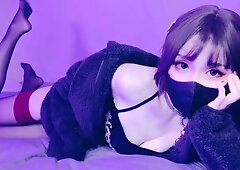 Hot Asian babe in black stockings spread her legs to let my dick enters her tight pussy