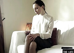 Hawt secretary in nylons rubs her snatch with a biggest sextoy