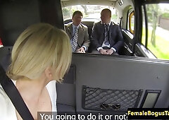 Woman taxi driver has 3some with business men