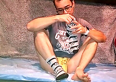 Playing with my cock after college in yellow lingerie and socks covered in cum