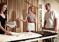 Grand-daddy gets oil massage from 2 pretty teen angels and they screw him oldje threesome serbian teenager youthful threesome trio oral-sex ejaculatio