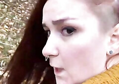 Red haired playgirl is getting drilled from behind, in the forest, after sucking a stranger's knob