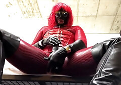 Sissy Glovecum 001 - fetish leather and spandex crossdresser blows a load firm