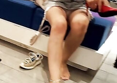 Hawt sitting Wife, opens legs, teasing during shoe shopping, tires fresh high heels, shows crotch discharged, cameltoe in short shorts, hawt feet, toe