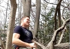 Exhibitionist stroking in the forest, wanking-off outside
