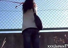 Voyeur films Asian girl soaking her clean jeans during cruel prank