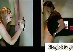 Slut cons straighty into gay gloryhole blowjob