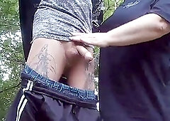 Neighbor sucks my trouser snake in the park and then swallows my cum