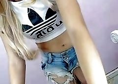 Delicious blonde enjoys wanking her dick in a hot solo