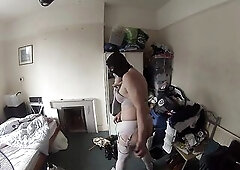 sissy in white lingeire with anal plug