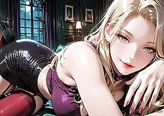 Luxurious wooden room at night, a breathtaking golden-haired bombshell in purple taut crop top, shiny ebony mini petticoat, red garter nylons and ebon