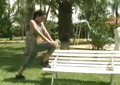 Extreme jerking off on the bench