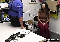 Busty flute stealing hottie gets busted and fucked in the backroom