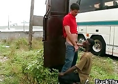 Thug fucks white dick outdoor