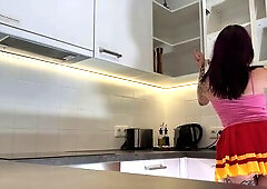 Amazingly marvelous large bazookas large butt cute sexually excited redhead with a short mini petticoat at home gets bored