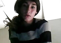 Brunette teenage tranny strokes his cock and cums on webcam