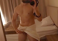 Pumped-up guy can't wait and starts passionately jerking off before unveiling himself