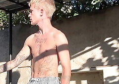 Caught backstage, stud with a big dick jerking off while I watch, deepthroat and anal action