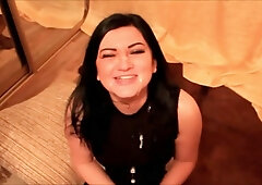 Wife with long black hair takes cumshot from multiple men in bedroom bukkake