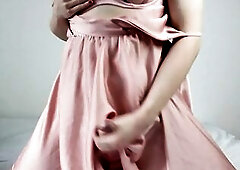 Femboy in Satin Costume and Underware Cums