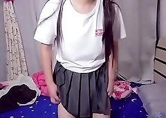 Crossdresser Jerk off in a White T shirt Short Skirt an