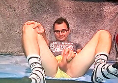 Playing with my cock after college in yellow lingerie and socks covered in cum