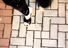 a night walk in very high cork wedges and latex leggings - ideal feet show