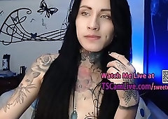 Cute Inked Slim TGirl with Small Tits Teasing LIve on Webcam