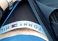 The boy packed the protection to the top with man milk while sitting in the camper