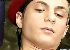 Teen soldier lubing and jerking his amazing jizzster