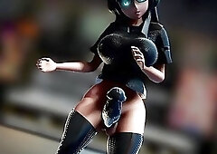 Busty futanari from the future makes her black condom explode