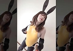 Nipple vibrating orgasm in a tiny PU yellow bikini by Rikrik