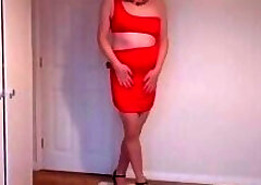 Hot red minidress, nude pantyhose and black heels