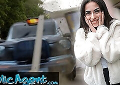 Public Agent small British Brunette hair Sucks and Screws after Almost Getting Run Over by a Runaway Taxi