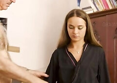 Pleasing sinless teen Petra is weeping as Dr Lomp whips her smooth stripped back.