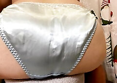 Trying on my recent blue satin string bikini pants.